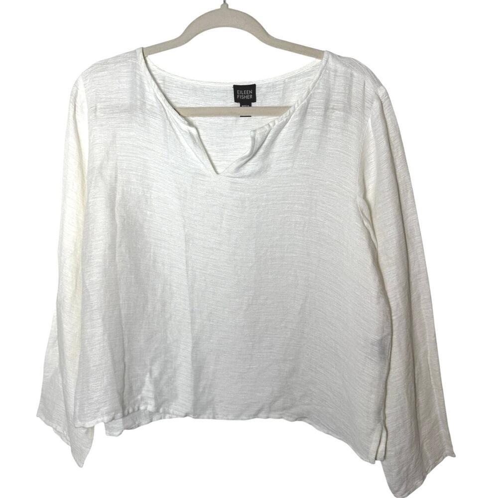 Eileen Fisher M White Solit Neck Italian Handkerchief Linen Blend Boxy Top EUC